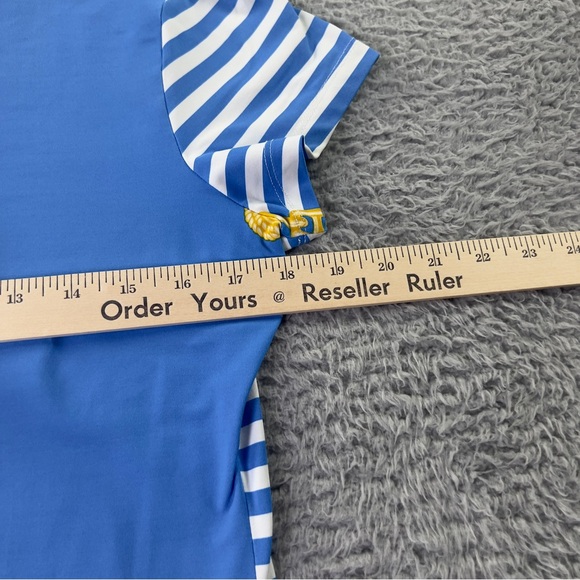 J Mclaughlin Top Womens Medium Blue White Striped Catalina Cloth Short Sleeve - Picture 8 of 9